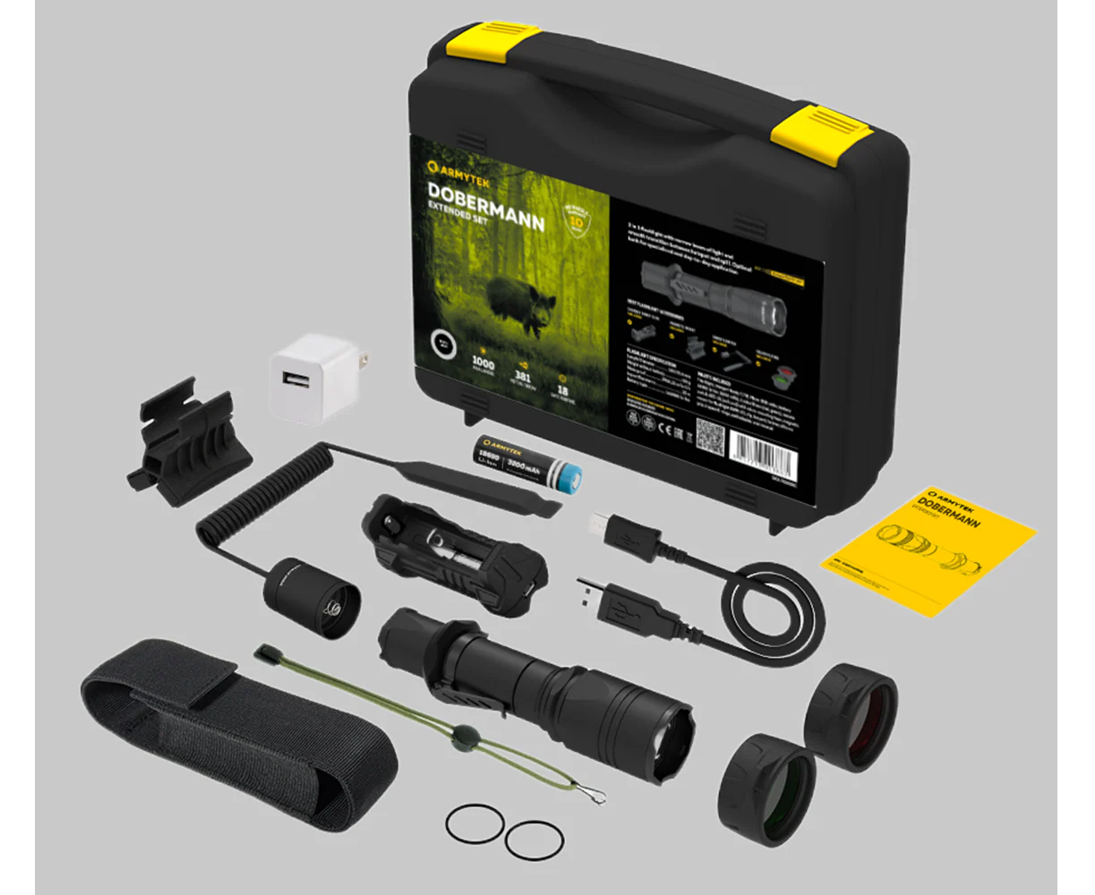 Dobermann Utökat set fullt utrustat för taktiska uppgifter: Ficklampa, 18650 Li-Ion-batteri, Laddare, Magnetfäste, Fjärrströmbrytare, Två färgfilter - Armytek