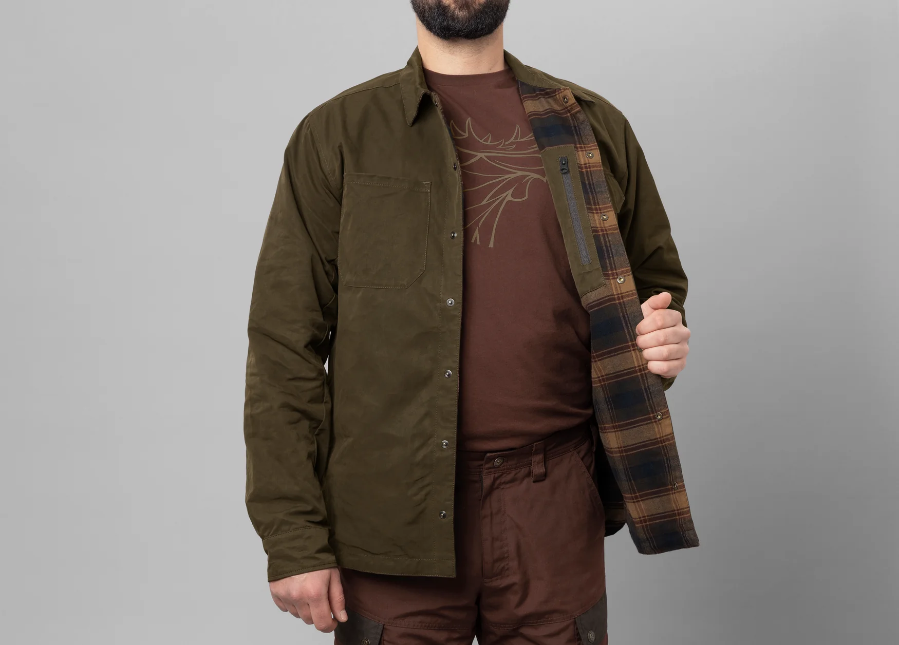 Eirik vändbar skjortjacka Dark warm olive/Burgundy - Härkila - Image 5
